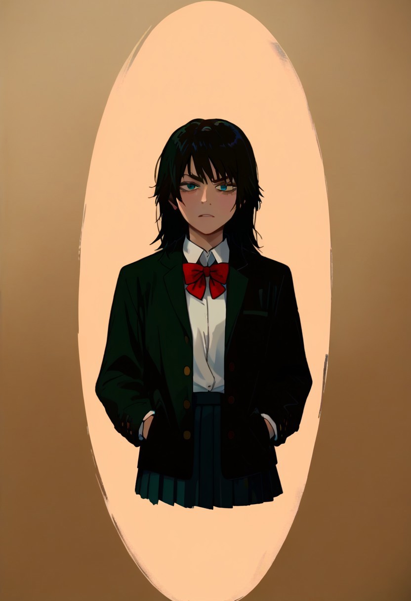 score_9, score_8_up, score_7_up, source_anime, anime screencap, cinematic film still of <lora:Kill Bill style:1> Cinematic film image of Gogo Yubari a woman in a skirt and jacket,1girl,solo,long hair,looking at viewer,bangs,skirt,shirt,black hair,long sleeves,,school uniform,white shirt,pleated skirt, white socks,red bowtie, Kodak film grain, dramatic light, dramatic shadow light, contrast, saturated color, cinematic, filmic, motion picture, realistic, realism, perfection, perfect, deep focus, clean image, Kill Bill style, Kill Bill Film Style, shallow depth of field, vignette, highly detailed, high budget, bokeh, cinemascope, moody, epic, gorgeous, film grain, grainy, (cowboy shoot:1.3), hands in pocket, black jacket