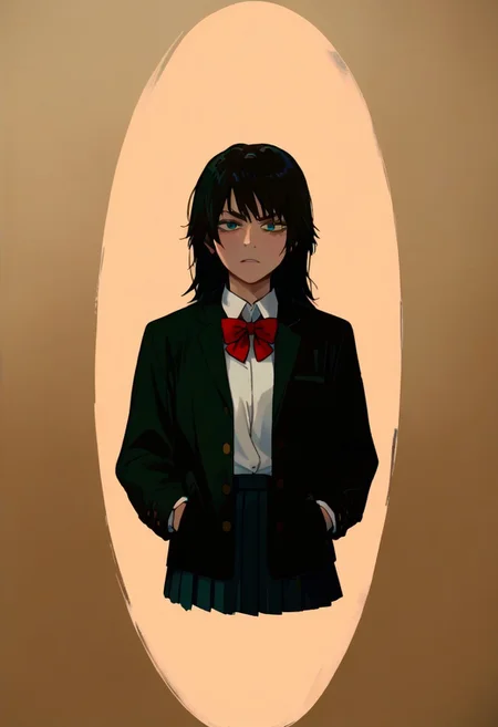 score_9, score_8_up, score_7_up, source_anime, anime screencap, cinematic film still of <lora:Kill Bill style:1> Cinematic film image of Gogo Yubari a woman in a skirt and jacket,1girl,solo,long hair,looking at viewer,bangs,skirt,shirt,black hair,long sleeves,,school uniform,white shirt,pleated skirt, white socks,red bowtie, Kodak film grain, dramatic light, dramatic shadow light, contrast, saturated color, cinematic, filmic, motion picture, realistic, realism, perfection, perfect, deep focus, clean image, Kill Bill style, Kill Bill Film Style, shallow depth of field, vignette, highly detailed, high budget, bokeh, cinemascope, moody, epic, gorgeous, film grain, grainy, (cowboy shoot:1.3), hands in pocket, black jacket