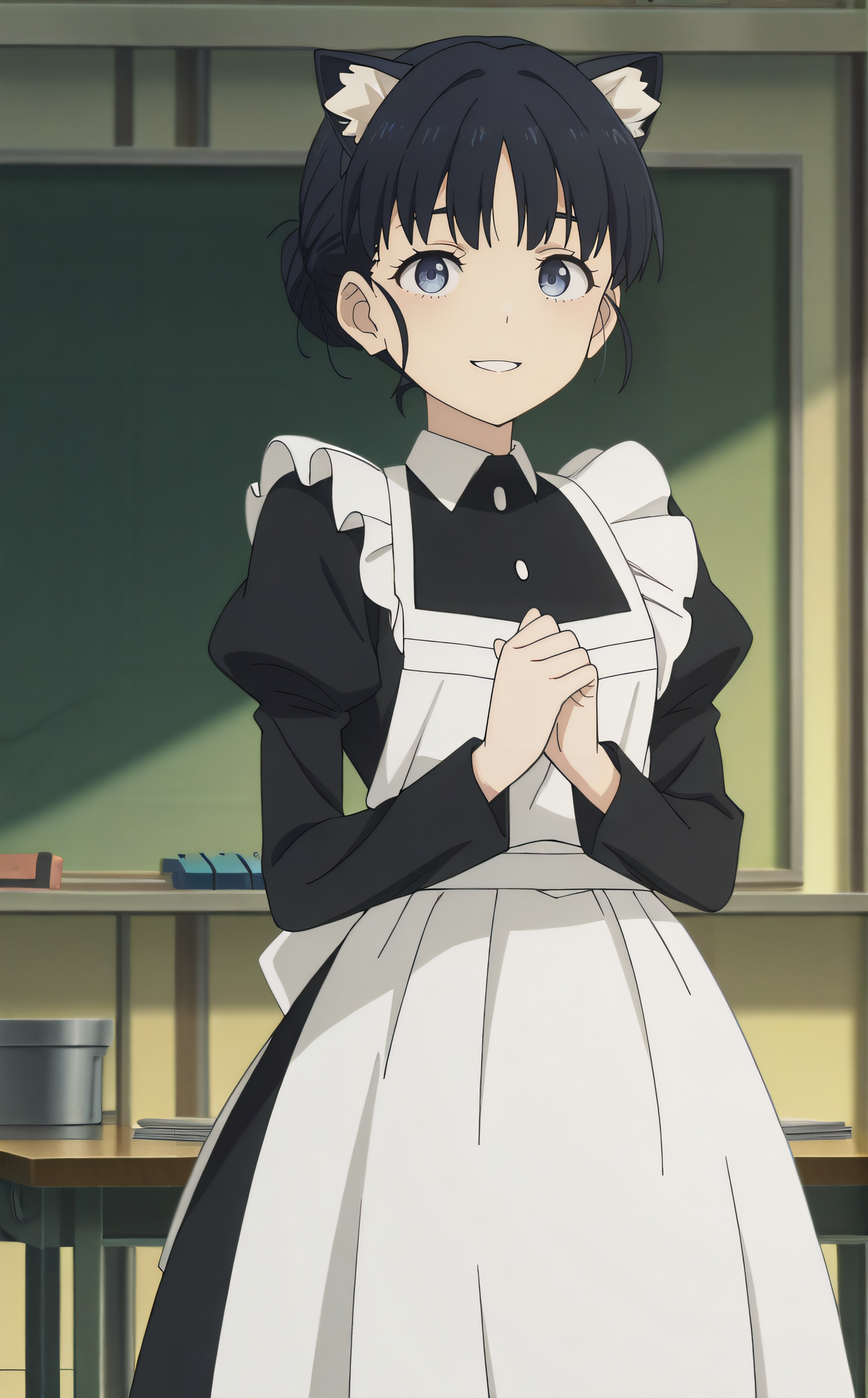masterpiece, best quality, highres, newest, 1girl, solo, official style, anime screencap, <lora:Basori_Tiara:1>, basori, black cat ears, maid dress, juliet sleeves, white apron, standing, five fingers, smile, own hands together, arms down, five fingers, looking at viewer, parted lips, classroom