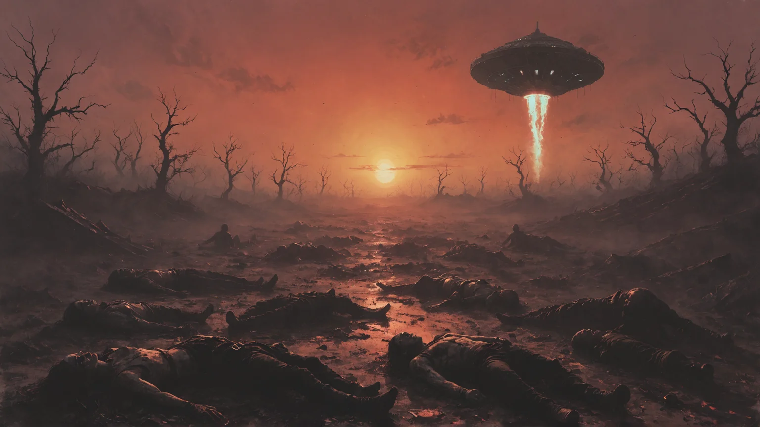 post apocalyptic wasteland scene, at sunset, (vaporwave aesthetic:1.3) <lora:Desolation:0.5> (UFO launching a light ray:1.2)