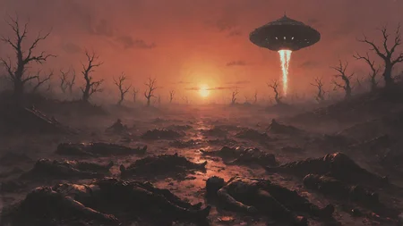 post apocalyptic wasteland scene, at sunset, (vaporwave aesthetic:1.3) <lora:Desolation:0.5> (UFO launching a light ray:1.2)