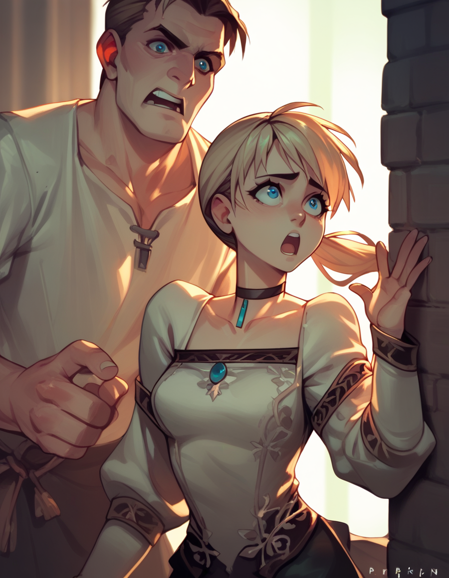 score_9, score_8_up, score_7_up, score_6_up, score_5_up, score_4_up
<lora:fiona-ponyxl:1> 
fiona belli, ponytail, choker, blouse, miniskirt,
1boy, 1girl, open mouth, wall-eyed