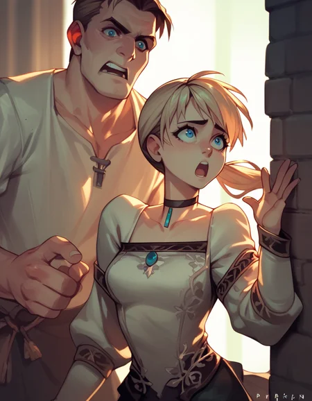 score_9, score_8_up, score_7_up, score_6_up, score_5_up, score_4_up
<lora:fiona-ponyxl:1>
fiona belli, ponytail, choker, blouse, miniskirt,
1boy, 1girl, open mouth, wall-eyed