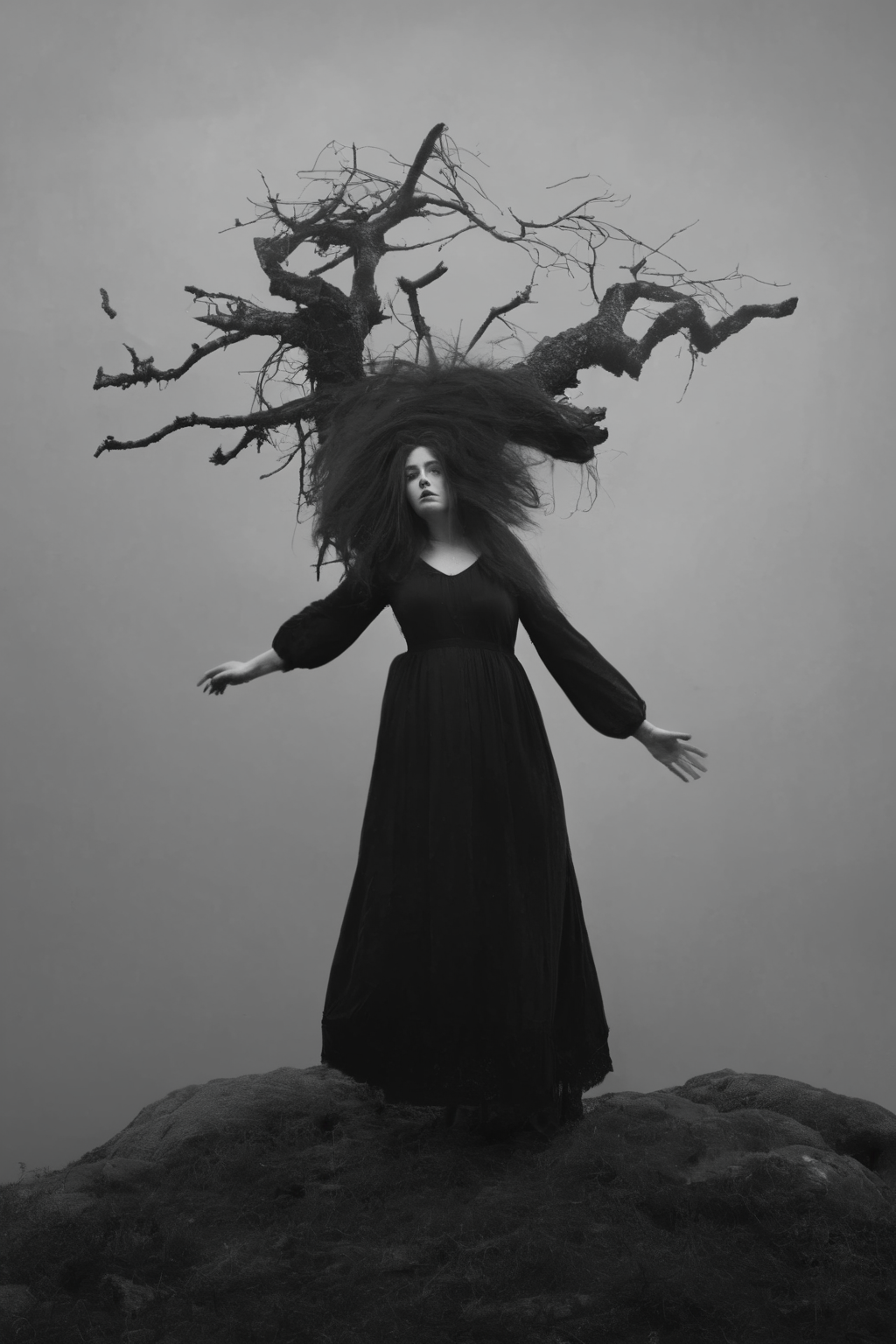 <lora:Photographer Maren Klemp Style:1>Photographer Maren Klemp Style - a woman standing on top of a hill with a tree in her hair