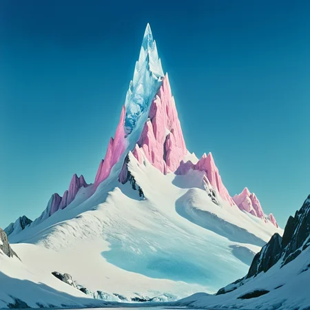 <lora:60sPsychedelicMovie2SDXL:1> ArsMovieStill, movie still from a 60s psychedelic movie, The image is a digital illustration of a large icy mountain with a tall pointed peak. The mountain is covered in snow and ice and the sky is a deep blue with a few white clouds scattered across it. The peak of the mountain is a bright pink color and it appears to be glowing with a warm glow. The water below the mountain reflects the sky and the mountain creating a mirror-like effect. The overall mood of the image is peaceful and serene., no humans, sky, scenery, cloud, outdoors, day, blue sky, mountain, ice, reflection