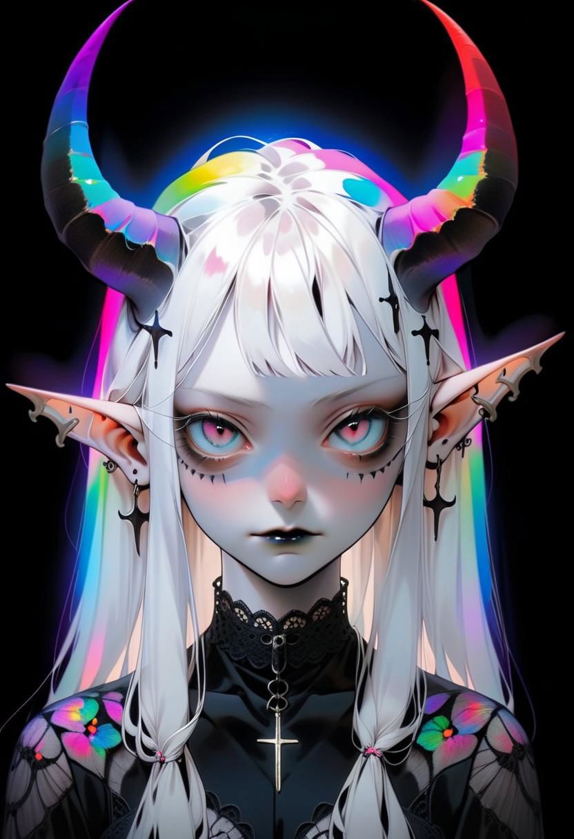 pale demon girl , prismatic coloring, holographic vibe, chromatic black lace blouse, gothic background, (long straight horns:1.2)