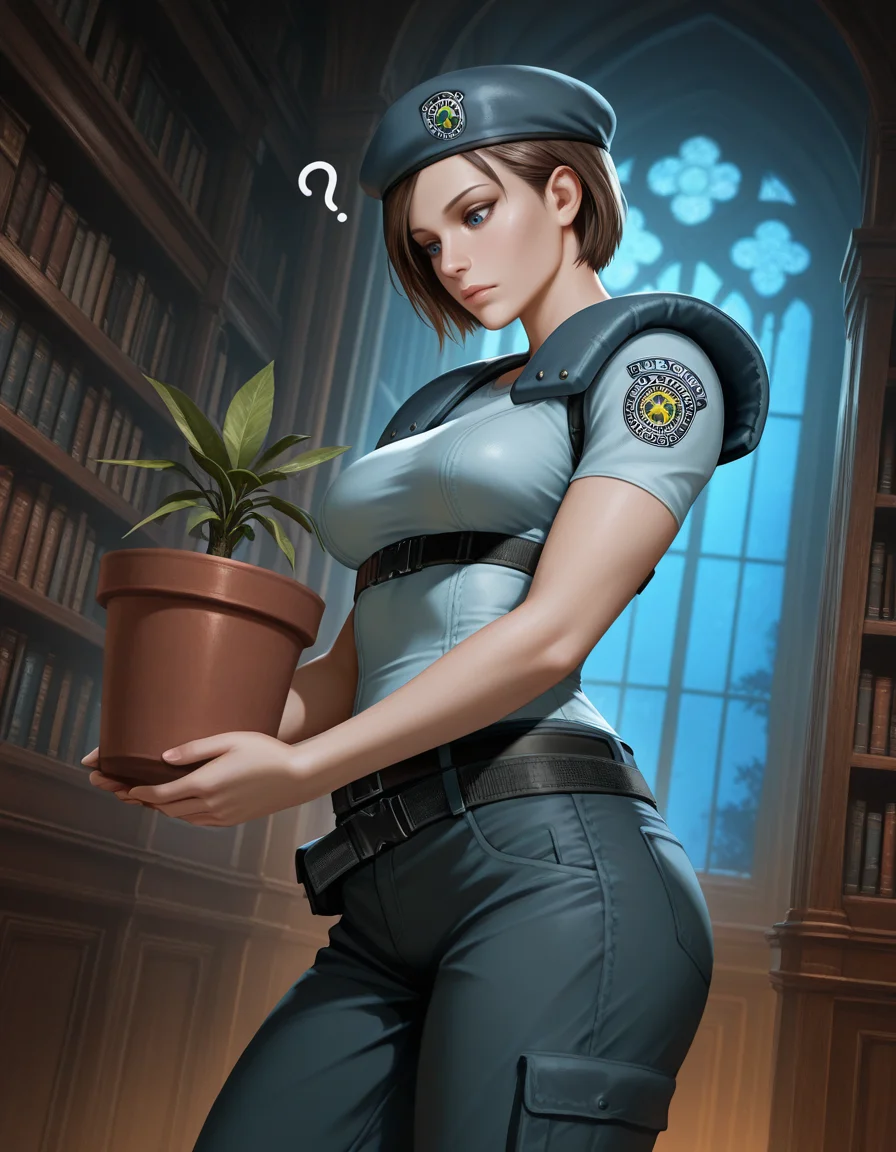 , jill valentine, 1girl, beret, blue eyes, breasts, short, pants, short sleeves, , dynamic angle, indoors, mansion, library, night, holding a potted plant, ?, standing, looking down
, masterpiece, best quality, realistic, <lora:IL_RE1Jill_t1-33-64:1>