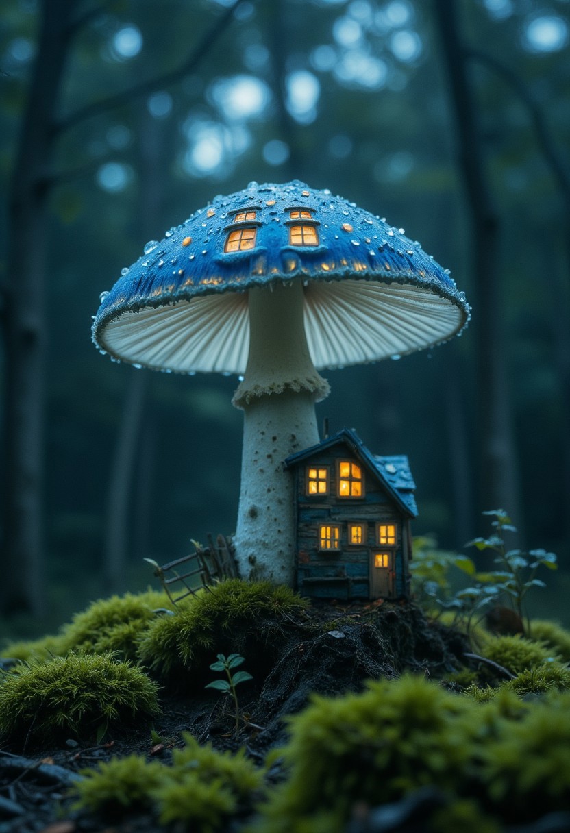 A super close-up of a small translucent mushroom with a faintly glowing vibrant blue cap, resembling a Scandinavian cottage, rooted in a bed of moss deep within a dark, stormy forest. The mushroom's cap is detailed with tiny, weathered wooden planks and windows softly glowing with warm light, offering a cozy refuge amidst the raging rainstorm. The old wooden fence surrounding the mushroom appears weathered and aged, and droplets of rain slide down the cap as lightning flickers in the distance. The atmosphere is mystical, with the forest looming in shadowy blurs behind the mushroom house.