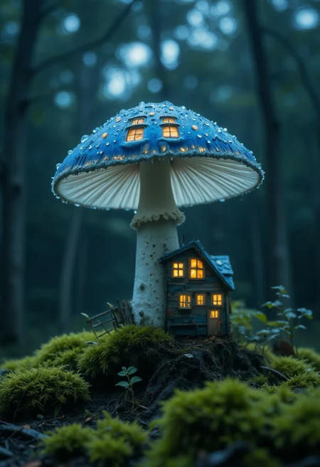 A super close-up of a small translucent mushroom with a faintly glowing vibrant blue cap, resembling a Scandinavian cottage, rooted in a bed of moss deep within a dark, stormy forest. The mushroom's cap is detailed with tiny, weathered wooden planks and windows softly glowing with warm light, offering a cozy refuge amidst the raging rainstorm. The old wooden fence surrounding the mushroom appears weathered and aged, and droplets of rain slide down the cap as lightning flickers in the distance. The atmosphere is mystical, with the forest looming in shadowy blurs behind the mushroom house.