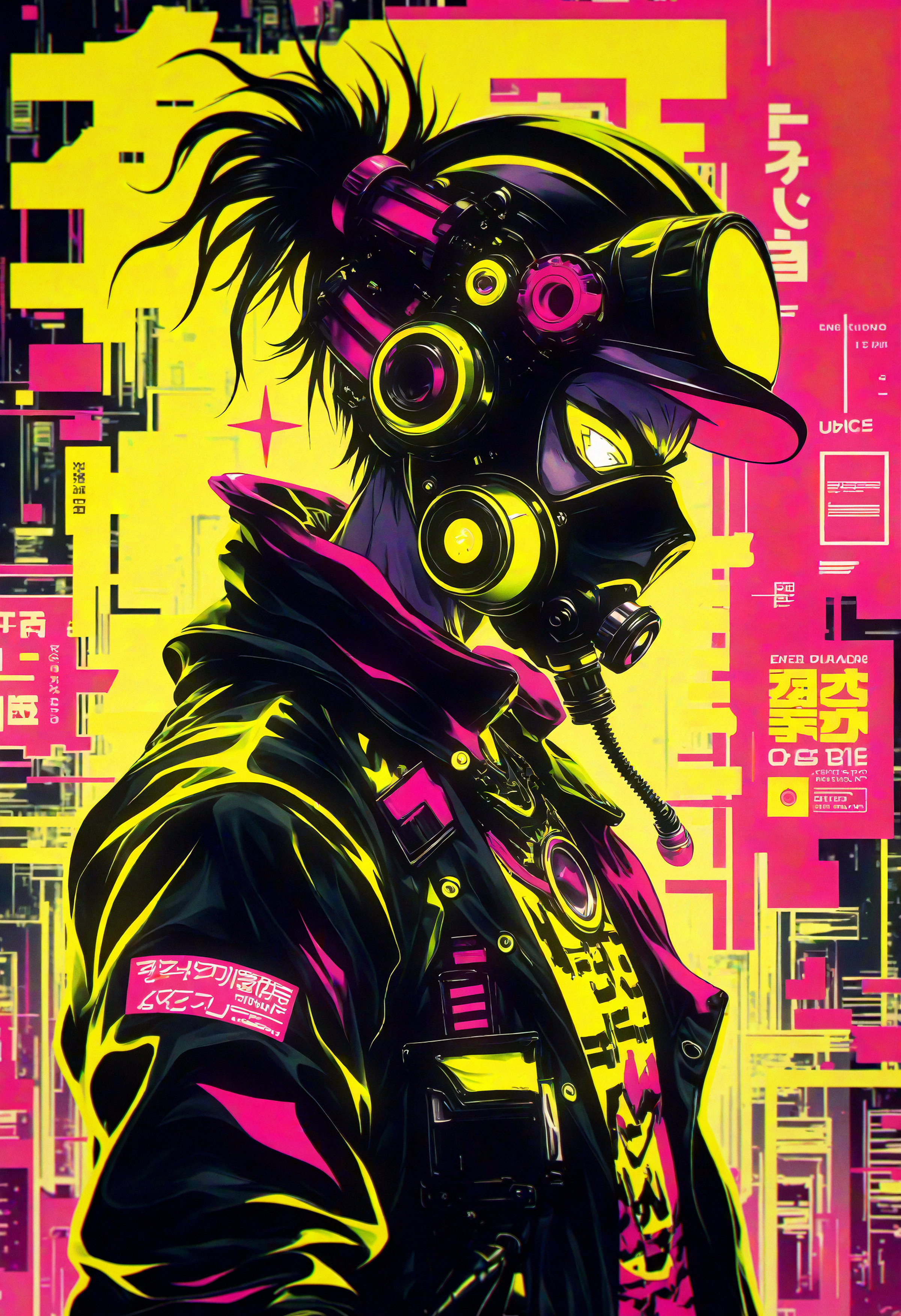 bo-cpposter,  futuristic portrait of a figure wearing a sleek gas mask and stylized helmet, exuding an edgy urban vibe. The character has wild, tousled hair and is dressed in a fitted black jacket adorned with neon accents, set against a vibrant backdrop. Utilize a color palette dominated by bright yellows, electric pinks, and deep blacks, creating a high-contrast, cyberpunk aesthetic. Incorporate graphic elements and abstract shapes that evoke a sense of movement and energy. The setting should suggest a bustling cityscape with neon signage subtly blurred in the background, creating depth. Aim for a hyperrealistic style that emphasizes sharp details, showcasing the character's intense expression and unique attire. , <lora:Flux\boFLUX Cyberpunk Poster.safetensors:1.4000000000000001:1.4000000000000001>