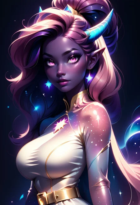 score_9, score_8_up, score_7_up, score_6_up, score_5_up, score_4_up score_9,score_8_up, digital art, upper body shot, realistic 3D illustration,
BREAK,
zzDaedream, long floating hair, big hair, purple skin, 1girl, blue horns, glowing pink hair, pink eyes, gradient hair, purple hair, starry hair, animal ears, long ears, space background, starry sky, glowing,
white dress, gold belt, gold bracelets,
BREAK,
soft lighting, contemplative expression, dark background, subtle makeup, high-resolution, detailed texture, emotional depth, dramatic mood, side profile, serene atmosphere, cinematic lighting. perfectly round breasts, big breasts, firm breasts, SkinHairDetail, eye contact, looking at viewer,