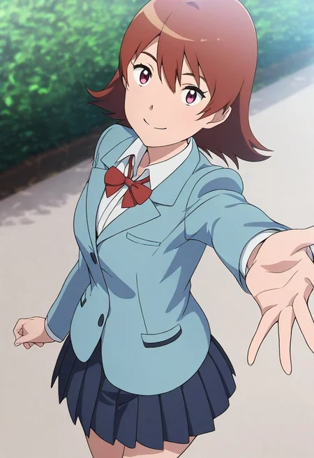 masterpiece, absurdres, newest, perfect quality, best quality, absolutely eye-catching, 1girl, solo, sora_takenouchi_tri, school uniform, shirt, blazer, bow, pleated skirt, looking at viewer, smile, outstretched arm, from above, detailed background, outdoors, volumetric lighting, vibrant colors