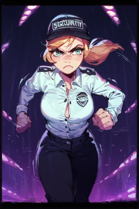 score_9, score_8_up, score_7_up, score_6_up, score_5_up,    <lora:Vanessa - FNAF:1> vanessa, security cap, buttoned shirt, serious, angry, running, black pants, dark background, neon background, detailed hand