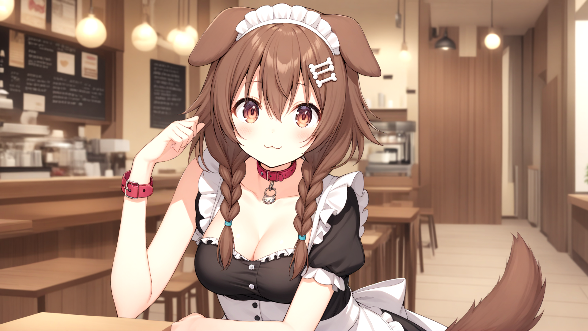 korone, 1girl, :3, animal collar, animal ears, bangs, breasts, brown eyes, brown hair, buttons, cartoon bone, cleavage, closed mouth, collar, collarbone, dog ears, dog girl, dog tail, dress, hair between eyes, hair ornament, inugami korone, long hair, looking at viewer, low twin braids, medium breasts, off solo, tail, twin braids, virtual youtuber,
 <lora:KORONE-XL-t1-000001:0.6>
(maid outfit, indoors, cafe)