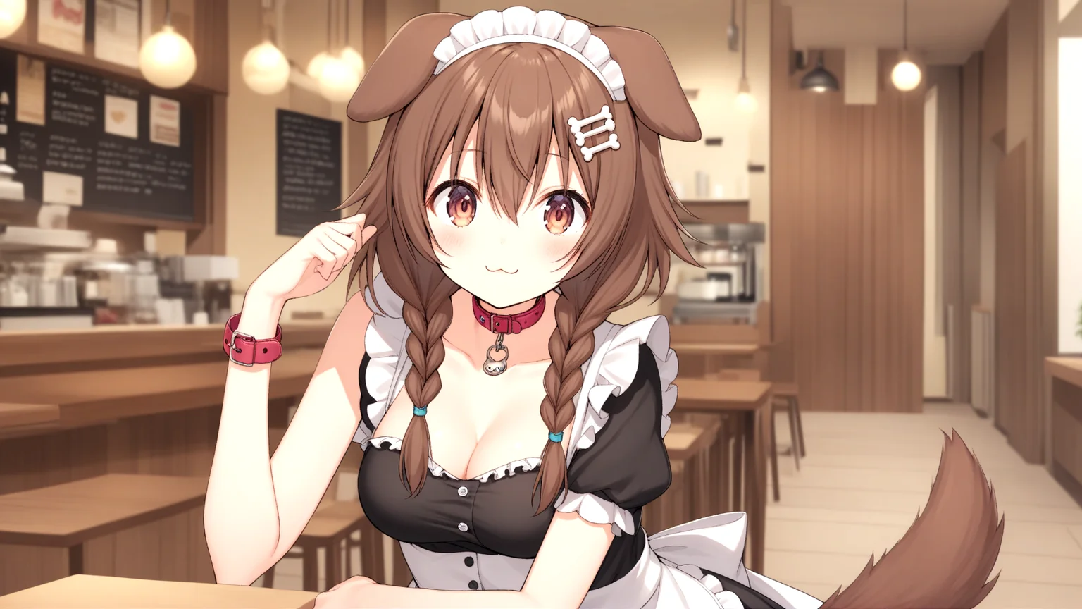 korone, 1girl, :3, animal collar, animal ears, bangs, breasts, brown eyes, brown hair, buttons, cartoon bone, cleavage, closed mouth, collar, collarbone, dog ears, dog girl, dog tail, dress, hair between eyes, hair ornament, inugami korone, long hair, looking at viewer, low twin braids, medium breasts, off solo, tail, twin braids, virtual youtuber,
<lora:KORONE-XL-t1-000001:0.6>
(maid outfit, indoors, cafe)