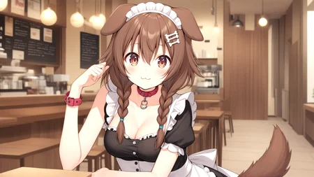 korone, 1girl, :3, animal collar, animal ears, bangs, breasts, brown eyes, brown hair, buttons, cartoon bone, cleavage, closed mouth, collar, collarbone, dog ears, dog girl, dog tail, dress, hair between eyes, hair ornament, inugami korone, long hair, looking at viewer, low twin braids, medium breasts, off solo, tail, twin braids, virtual youtuber,
<lora:KORONE-XL-t1-000001:0.6>
(maid outfit, indoors, cafe)
