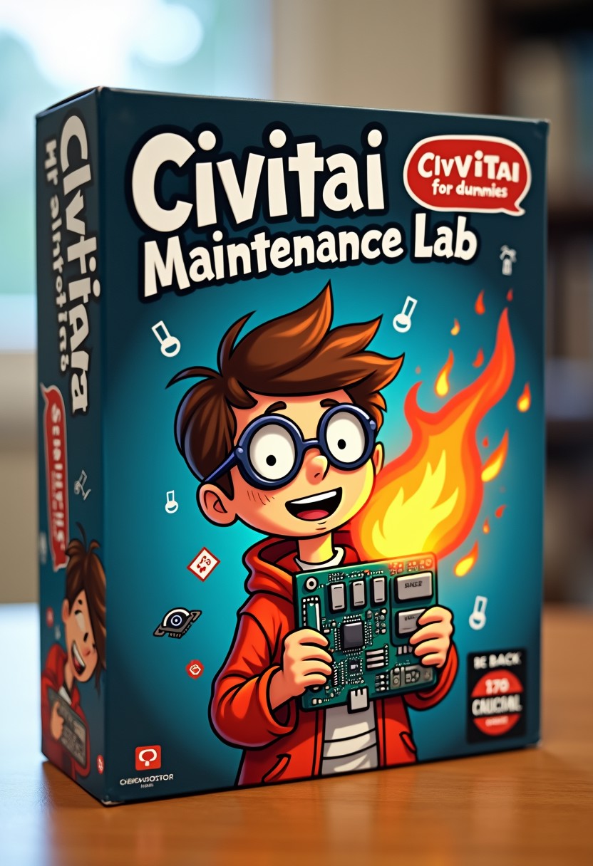 "Civitai Maintenance Lab"
The box features a nerd kid with round glasses holding a burning motherboard, sticker says 'Fix CIVITAI for dummies" The packaging is decorated with computer symbols  while a warning in the corner mentions "BE BACK SOONER OR LATER"