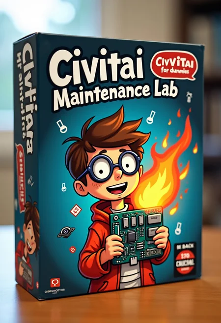 "Civitai Maintenance Lab"
The box features a nerd kid with round glasses holding a burning motherboard, sticker says 'Fix CIVITAI for dummies" The packaging is decorated with computer symbols while a warning in the corner mentions "BE BACK SOONER OR LATER"