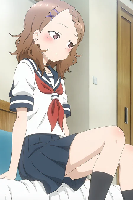masterpiece,best quality,good quality,rating safe,<lora:houjou-ill_narcissu:1>, 1girl,solo,houjou, houjou_(takagi-san),brown hair, hairclip, school uniform, mole, mole under eye, braid, serafuku, x hair ornament, medium hair, brown eyes, braided bangs, skirt, blue skirt, serafuku, red neckrchief, short sleeves, blue sailor collar,black socks,anime screencap, blush,sitting on the bed,looking to the side,bedroom,from side,closed mouth,ashamed