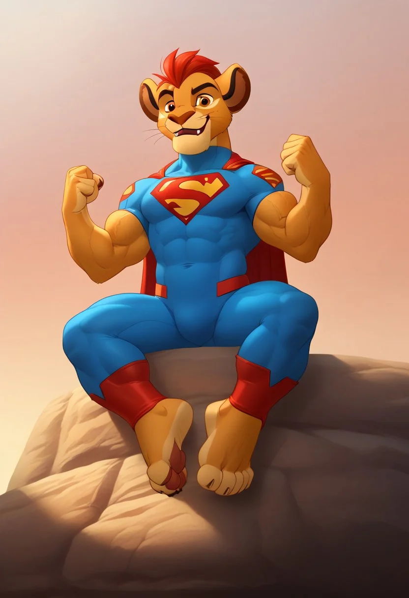 (((furry character, full body, cinematic setting, furry male, plantigrade)))
(((Kion))) from lion guard, ((younger Kion, young face)), ((wearing tight Superman costume, Superman suit, fullbody suit)), 1boy, solo, ((thick muscles, muscular, defined muscles, defined abs, six pack abs, slim waist, tapered lats)), (((veiny arms, giant arms, huge biceps, disproportionate arms, hyper arms, massive biceps))), ((flexing)), (((tight toe boots))), (((sitting, showing off feet, lifting feet, showing off soles, nice detailed feet paws with paw pads and claws, muscular feet, huge feet, giant muscle feet, disproportionate feet))), (view from below, low angle), mark of the lion guard on (((left shoulder))), ((grinning, smirking)), ((sabertooth lion, fangs poking from lips, elongated canines, elongated fangs))
BREAK, intricate details, highly detailed, extreme detail, octane render, fine art, best quality, highres, (detailed face:1.5), ((full_body)), UHD, (((perfect hands))), low light,