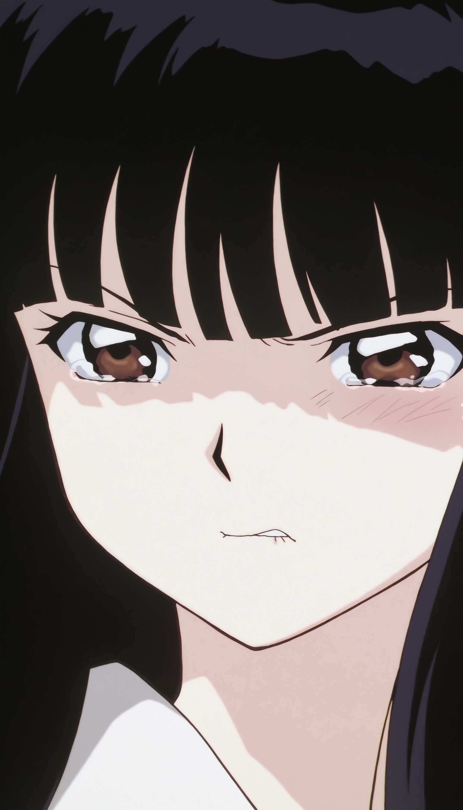 masterpiece,best quality,amazing quality,
<lora:kikyoNAI:1>,k1ky0,1girl,solo,black hair,long hair,bangs,brown eyes,white robe,close-up,looking ahead,serious,tears,biting lips,outdoors,simple background,