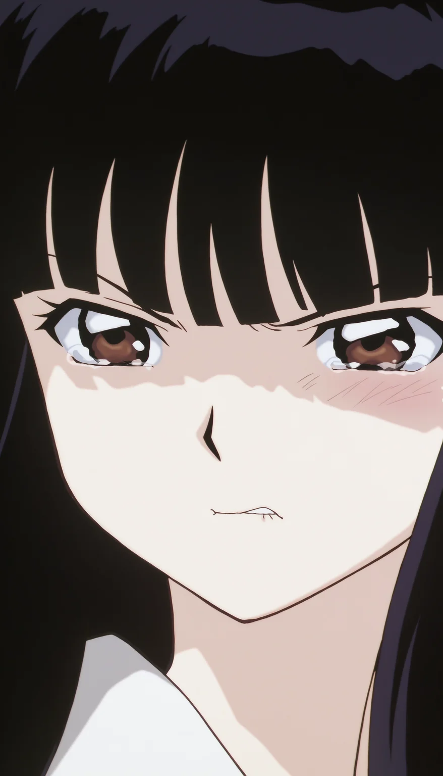 masterpiece,best quality,amazing quality,
<lora:kikyoNAI:1>,k1ky0,1girl,solo,black hair,long hair,bangs,brown eyes,white robe,close-up,looking ahead,serious,tears,biting lips,outdoors,simple background,