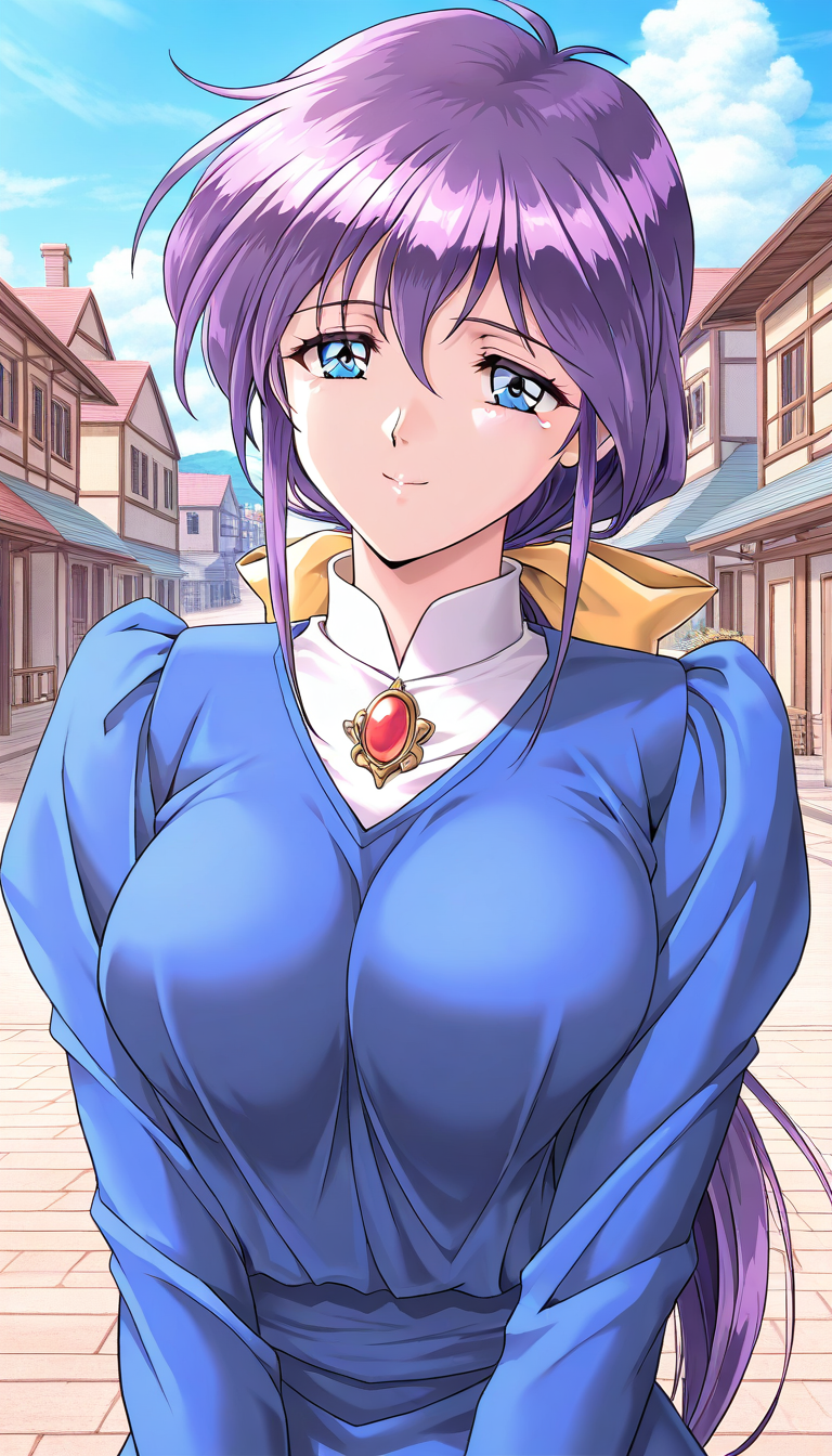 masterpiece, best quality, good quality, <lora:Kitazawa_Yukie_IS:1>Kitazawa_Yukie, solo, purple hair, large breasts, blue eyes, hair bow, yellow bow, low ponytail, 
1girl, solo, red brooch, red jewelry, blue long sleeves, smile, day, outdoors, town, sky, game cg style,
Show less
1990s (style),