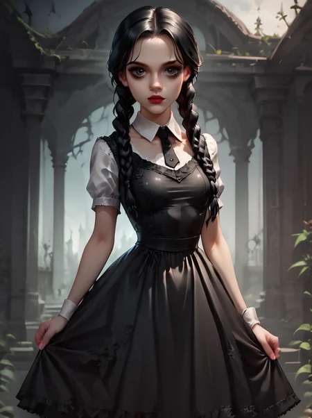 score_9, score_8_up, score_7_up, source_anime BREAK <lora:Wednesday_v2:0.8>,
wednesday,
, 1girl, solo, twin braids, braid, black hair, looking at viewer, dress,
