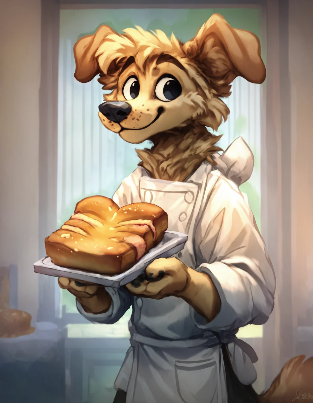source_furry ,
furry golden retriever, wearing a chef's clothing, holding a freshly baked bread with a white towel, closed, eyes, smiling, smelling the fresh bread, (bread:1.5), loaf of bread, loaf,
<lora:Jacato_Style_Pony:0.8> <lora:Jacato_-_Art_Style:0.5> Jacato, score_9, score_8_up, score_7_up, score_6_up, score_5_up,