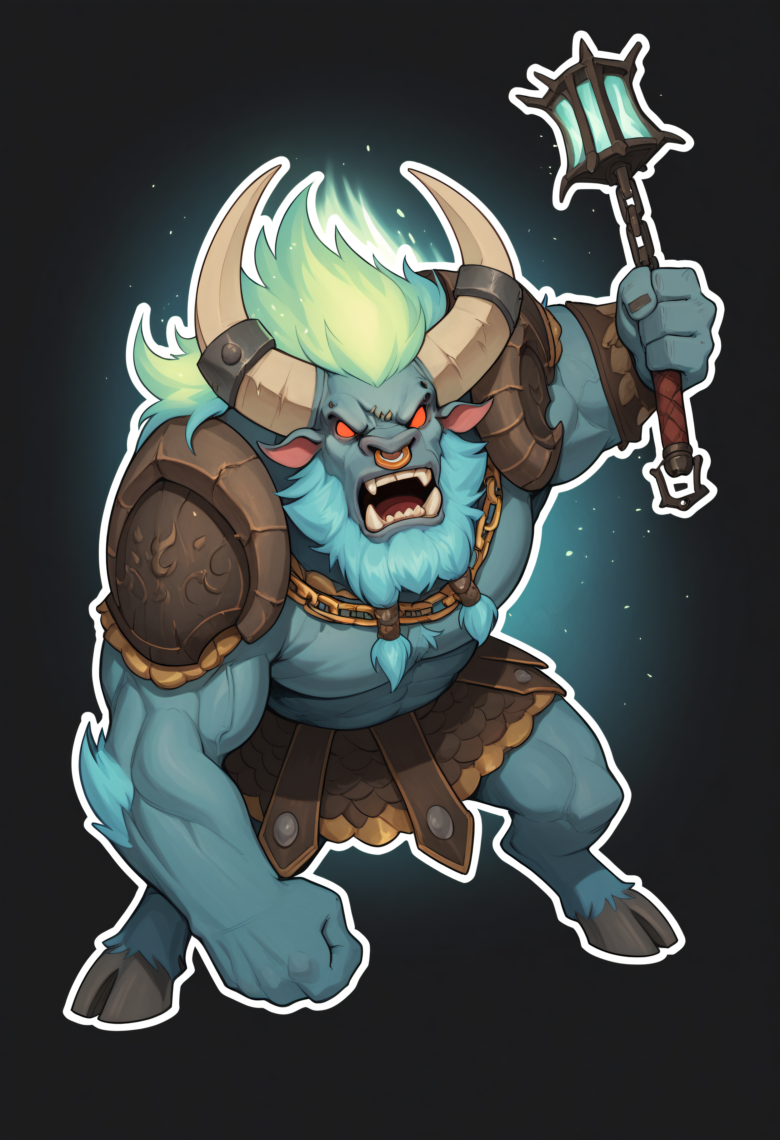 score_9, score_8_up, score_7_up, score_6_up, score_5_up, score_4_up, BREAK,  1boy, spiritbreakerpdxl, male, minotaur, beard, nose ring, red eyes, no pupils, shoulder armor, armor, solo, simple background, white outline, muscular, looking at viewer, open mouth, hunched over, kilt, holding weapon, lantern, chain, swinging weapon, full body, screaming, angry, dark background, light particles, fiery hair, <lora:SpiritBreaker-000005:0.7>