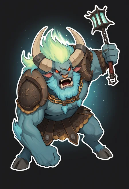score_9, score_8_up, score_7_up, score_6_up, score_5_up, score_4_up, BREAK, 1boy, spiritbreakerpdxl, male, minotaur, beard, nose ring, red eyes, no pupils, shoulder armor, armor, solo, simple background, white outline, muscular, looking at viewer, open mouth, hunched over, kilt, holding weapon, lantern, chain, swinging weapon, full body, screaming, angry, dark background, light particles, fiery hair, <lora:SpiritBreaker-000005:0.7>
