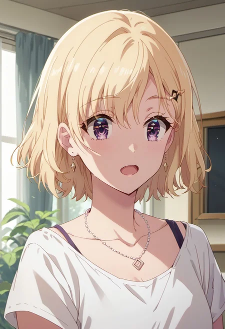 score_9, score_8_up, score_7_up, source_anime,ayase saki, blonde hair, purple eyes, 1girl, solo, hair ornament, necklace, indoors, hairclip, shirt, jewelry, open mouth, collarbone, white shirt, short hair