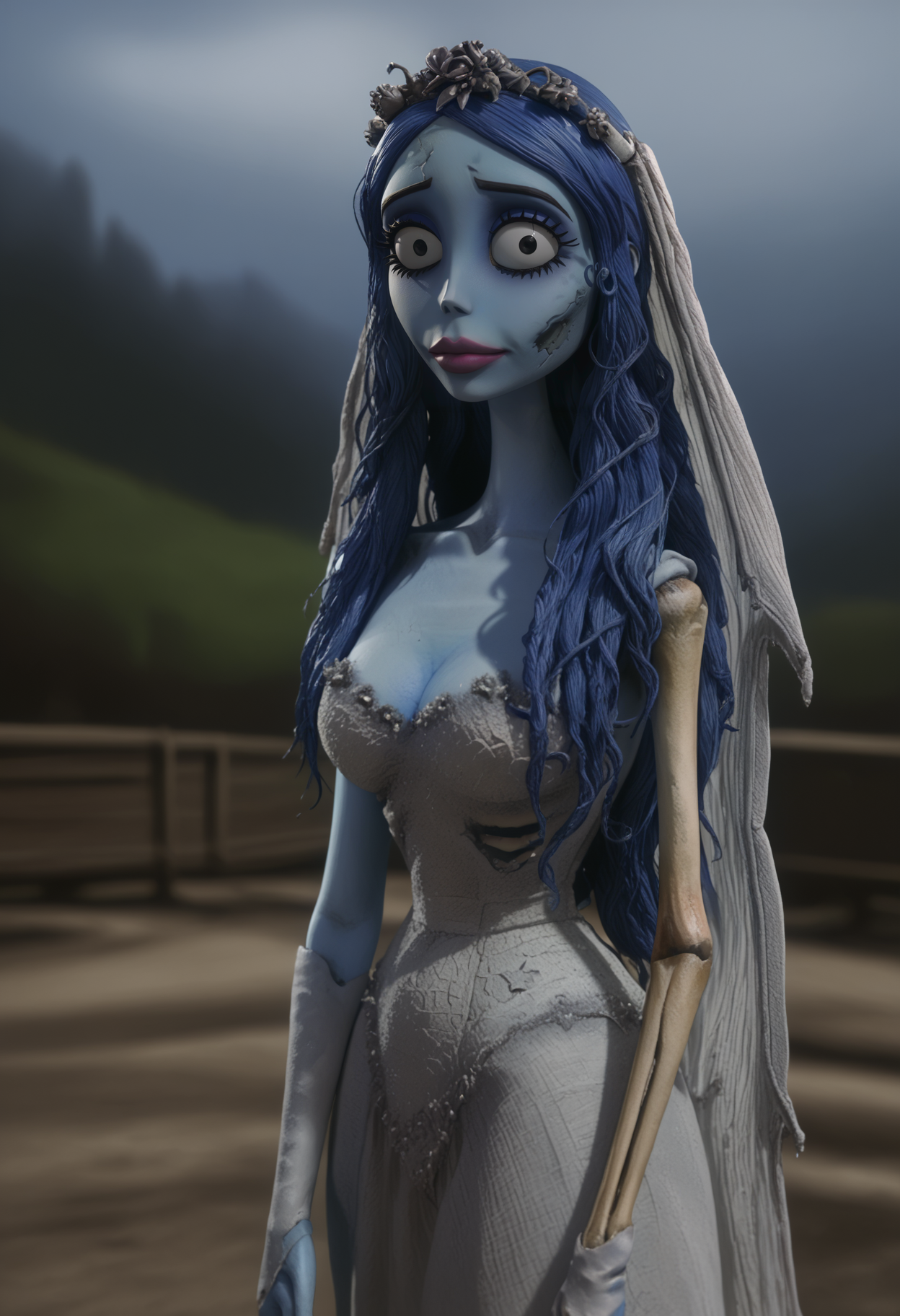 <lora:Emily-Corpse_Bride:0.9>,Emily,mature female,1girl,solo,long hair,blue hair,blue skin,colored skin,beil,wedding dress,cracked skin,cowboy shot,looking at viewer,outdoors