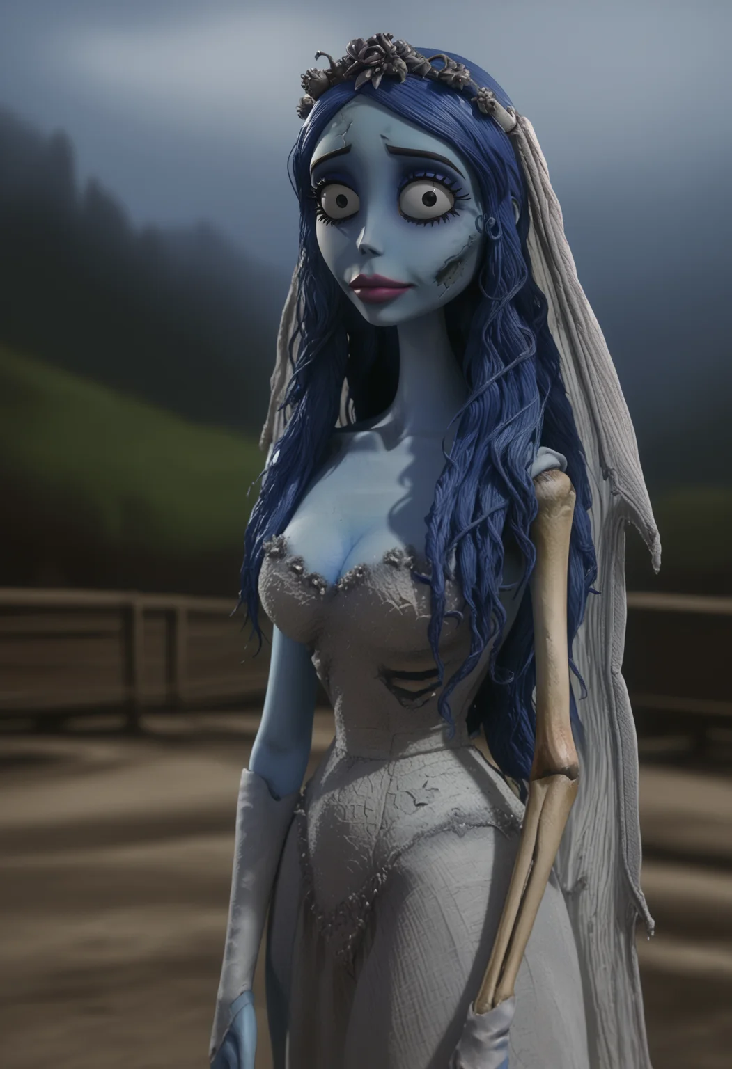 <lora:Emily-Corpse_Bride:0.9>,Emily,mature female,1girl,solo,long hair,blue hair,blue skin,colored skin,beil,wedding dress,cracked skin,cowboy shot,looking at viewer,outdoors