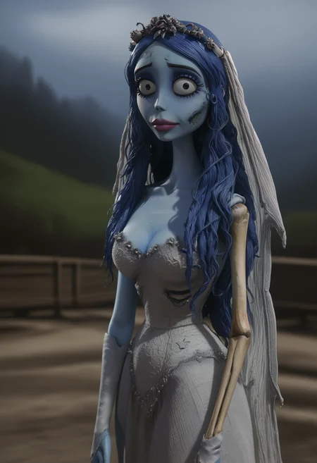 <lora:Emily-Corpse_Bride:0.9>,Emily,mature female,1girl,solo,long hair,blue hair,blue skin,colored skin,beil,wedding dress,cracked skin,cowboy shot,looking at viewer,outdoors