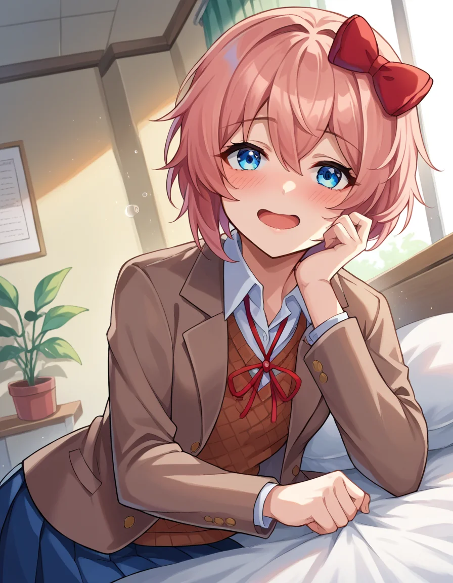 score_9, score_8_up, score_7_up, source_anime,
ddlcsayori, <lora:ddlc-sayori-ponyxl-lora-nochekaiser:1>
ddlcsayori, blue eyes, hair between eyes, hair bow, hair ornament, pink hair, red bow, short hair,
blue skirt, pleated skirt, school uniform, skirt, brown jacket, jacket,
indoors, bed, bed room, on side, blush, drunk,
looking at viewer, dutch angle, cowboy shot,