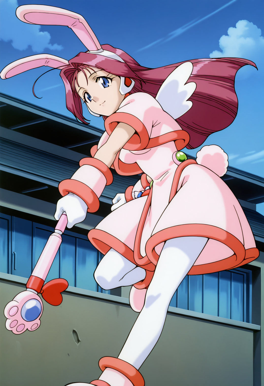 masterpiece, best quality, very aesthetic, absurdres, 1girl, solo,
<lora:corrector_haruna_soil_v01:0.9>, corrector_haruna, soil_element_suit, pink hair, long hair, ahoge, blue eyes,
magical girl, rabbit ears, hairband, pink dress, fur trim, wings, white mittens, rabbit tail, white pantyhose, pink footwear, (smile:0.8), holding wand, posing