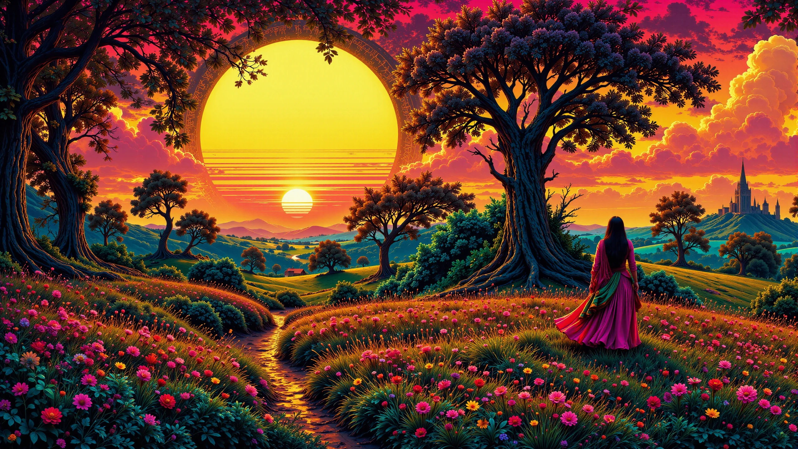 Indian beautiful  landscape, golden hour, woman, very intricate, very detailed, sharp, bright, colorful, <lora:Hand v2:0.5> <lora:Anti-Blur:1><lora:Insane Detail Slider:0.25>  <lora:flux.1_lora_flyway_Epic-detail_v2:0.3> <lora:fluxenhancer:0.25> <lora:ck-Neon-Retrowave:0.4> ck-rw, in the style of ck-rw,  <lora:Neurocore Anime Cyberpunk:0.8> A digital artwork in the style of cknc