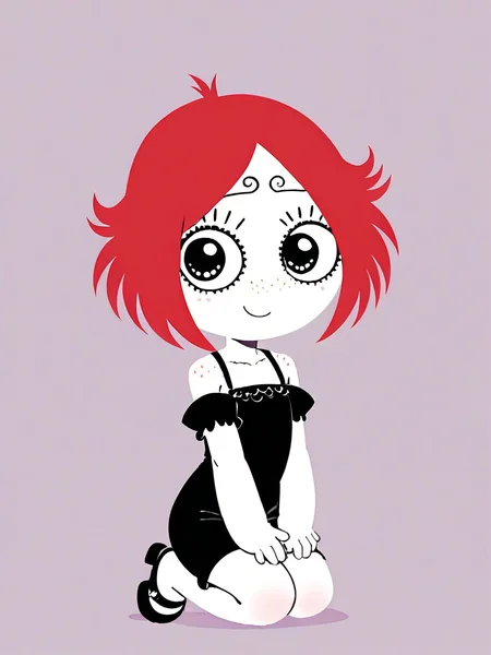 score_9, score_8_up, score_7_up,  
1girl, ruby gloom, red hair, short hair, white skin, freckles, 


smile, closed mouth, looking at viewer,

kneeling, hands on own knees, bare legs, shoes, black dress, off-shoulder dress, short sleeves, detached sleeves,  bare shoulders,