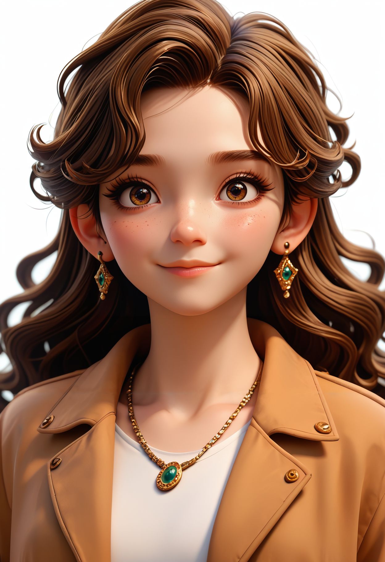 score_9,score_8_up,score_7_up,  <lora:3d_render_pdxl_goofy:1>3d render,3d render, 1girl, brown hair, jewelry, brown eyes, looking at viewer, earrings, white background, necklace, simple background, portrait, smile, long hair, freckles, lips, jacket, wavy hair, closed mouth, shirt, eyelashes