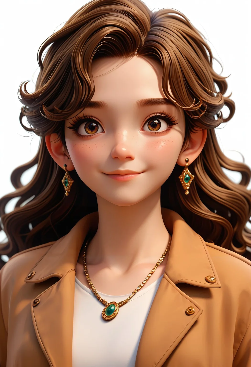 score_9,score_8_up,score_7_up, <lora:3d_render_pdxl_goofy:1>3d render,3d render, 1girl, brown hair, jewelry, brown eyes, looking at viewer, earrings, white background, necklace, simple background, portrait, smile, long hair, freckles, lips, jacket, wavy hair, closed mouth, shirt, eyelashes