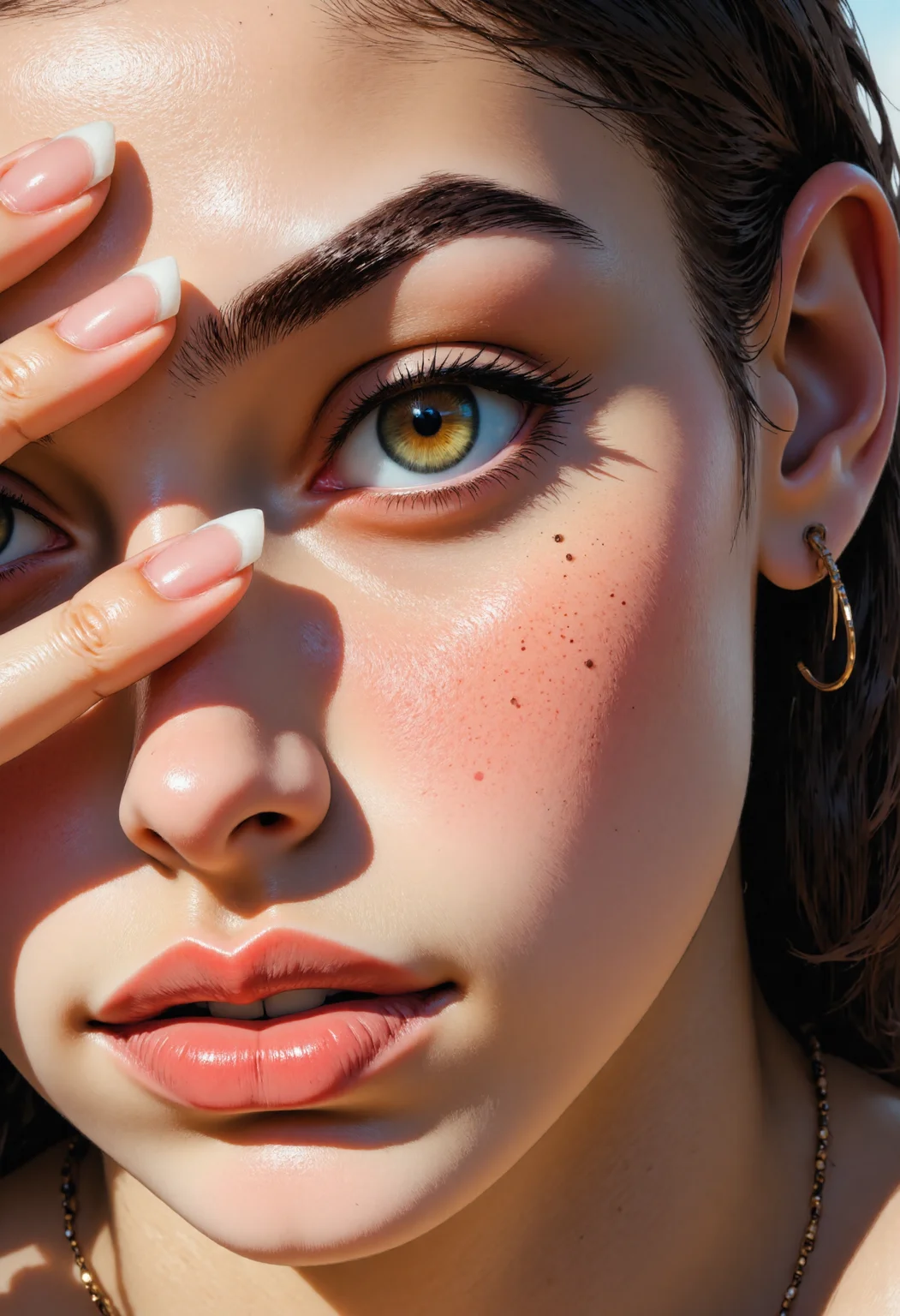 This intimate close-up portrait captures the serene features of a young woman's face. Her piercing emerald green eyes, fringed with thick lashes, seem to gleam with an inner light, as if reflecting the beauty of a tranquil lake. The camera's gaze is drawn to her left eye, where a delicate eyebrow arches upwards, subtly accentuating the gentle slope of her cheekbone. The subject's skin is smooth and unblemished, with a subtle sheen that hints at a gentle moisturizing routine. Her lips, slightly parted, reveal a subtle pink undertone, while her nose is small and slightly upturned, giving her a pert, endearing quality. The woman's hand is raised to her forehead, her fingers cradling her face with a tender, almost maternal gesture. Her eyes seem to be gazing inward, lost in thought, as her eyebrows are furrowed in a gentle, contemplative expression. The lighting is soft and diffused, casting a warm, golden glow over the subject's features. The camera angle is a close, almost invasive, shot, drawing the viewer into the woman's inner world. The style is minimalist, with a focus on capturing the subtleties of the subject's expression and skin texture.<lora:CustomFlux/MysticComic.safetensors:1.0:1.0>