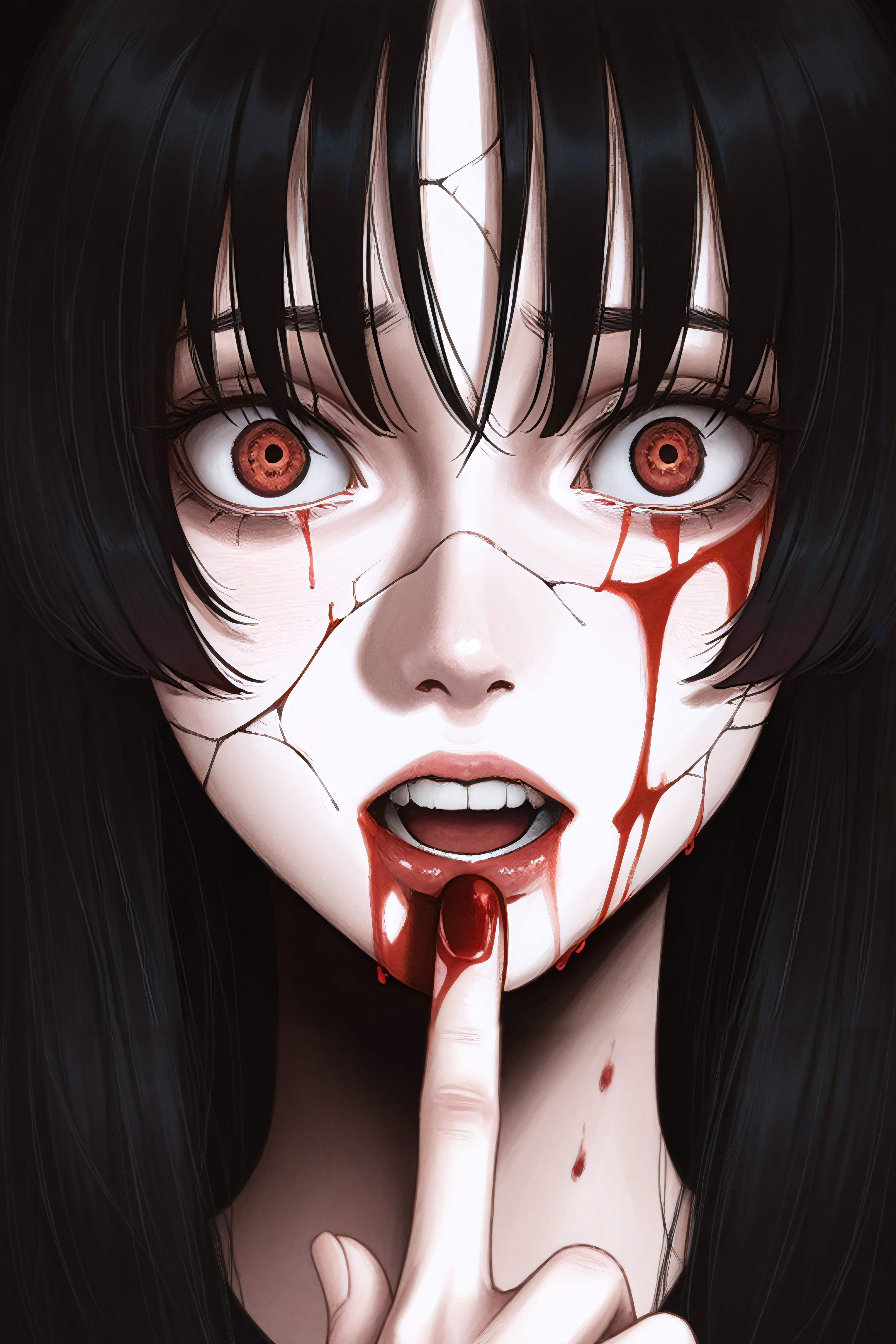 (masterpiece,best quality),<lora:tp1p1ptStyle-Illustrious-lora-Faxtron:0.7> tp_p_pt, highres, 1girl, crack, finger_to_mouth, long_hair, looking_at_viewer, portrait, solo, straight-on, crazy,  blood on face,