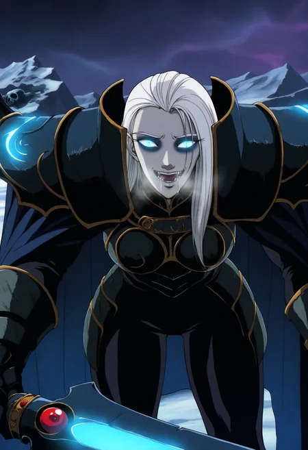 retro artstyle, best quality, amazing quality, very aesthetic, absurdres, BREAK
1girl,solo, death knight, armor, zombie, glowing eyes, blue aura, blue eyes, warcraft, pale skin, skull armor,f rost magic,
(runeblade:1.2), holding sword, glowing sword, white hair, long hair, looking at viewer,leggings,cape,pov,outdoors,glacier,tundra,snow,mountains,night,horror,
dark theme,black theme,muscular female, foreshortening, dutch angle, leaning forward, crazy, bags under eyes,close-up,drool,saliva,heavy breathing, <lora:RecordofLodossWarNoob_byKonan:1>