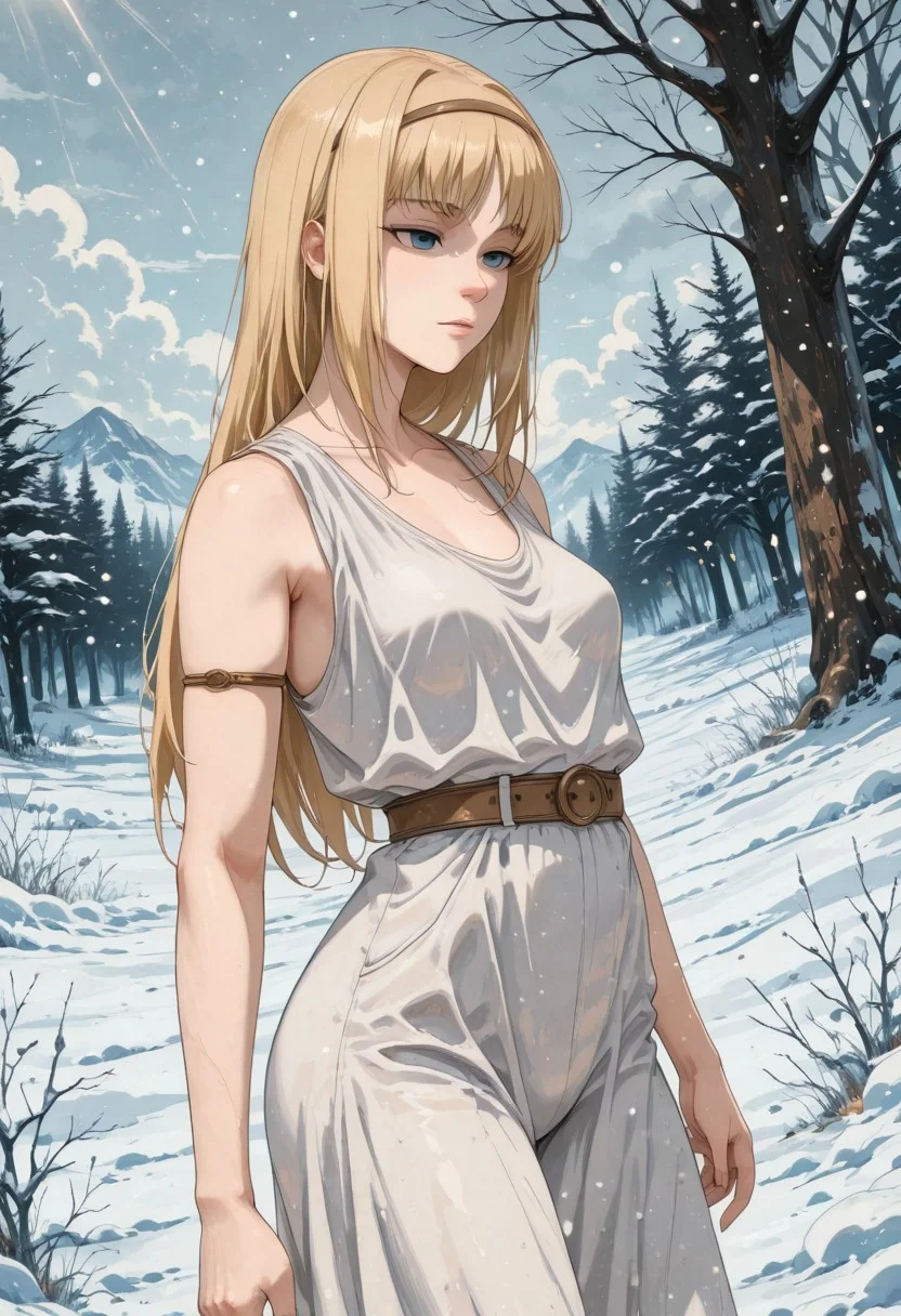 score_9, score_8_up, score_7_up,source_anime, high res image, masterpiece, best quality, masterpiece, newest, absurdres, best quality, hires,
BREAK 1girl, solo, ymirfritz , blonde hair, bangs,blue eyes,mature female,brown hairband, expressionless, small breasts
white dress,sleevless,armlet
dynamic pose, standing, looking around, posing
outdoors, snow land, snowing, ice, freezing, meadow, snow forest, the ice glitters silvery, day, cloudy
cinematic angle, detailed background, beautiful background, (rays light:1.0),(grow:1.0), light particles