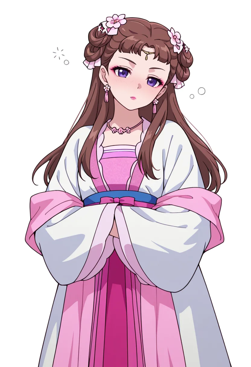 Smooth Quality,masterpiece,very intricate, high quality details, ultra realistic, high detailed skin,detailed enviorement,absurdres,
partially undressed,
<lora:Lishu_CNR:0.8> lishu_cnr,brown hair, long hair, purple eyes, makeup, lipstick, lishu_pink_cnr,hanfu, dress, long sleeves, sash, shawl, circlet, flower earrings, necklace,hair flower, hair rings, hair bun,, simple background, white background, front view,
standing, arms crossed, head tilt, serious, balanced stance, confident, ,drunk,