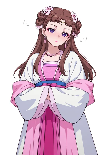 Smooth Quality,masterpiece,very intricate, high quality details, ultra realistic, high detailed skin,detailed enviorement,absurdres,
partially undressed,
<lora:Lishu_CNR:0.8> lishu_cnr,brown hair, long hair, purple eyes, makeup, lipstick, lishu_pink_cnr,hanfu, dress, long sleeves, sash, shawl, circlet, flower earrings, necklace,hair flower, hair rings, hair bun,, simple background, white background, front view,
standing, arms crossed, head tilt, serious, balanced stance, confident, ,drunk,