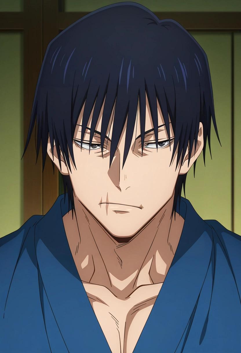 masterpiece, best quality, , anime screencap, anime coloring, official style, , 1boy, solo, male focus, <lora:touji_fushiguro_ilxl:0.94>, touji_fushiguro, black hair, black eyes, short hair, hair between eyes, bangs, , scar on mouth, , japanese costume