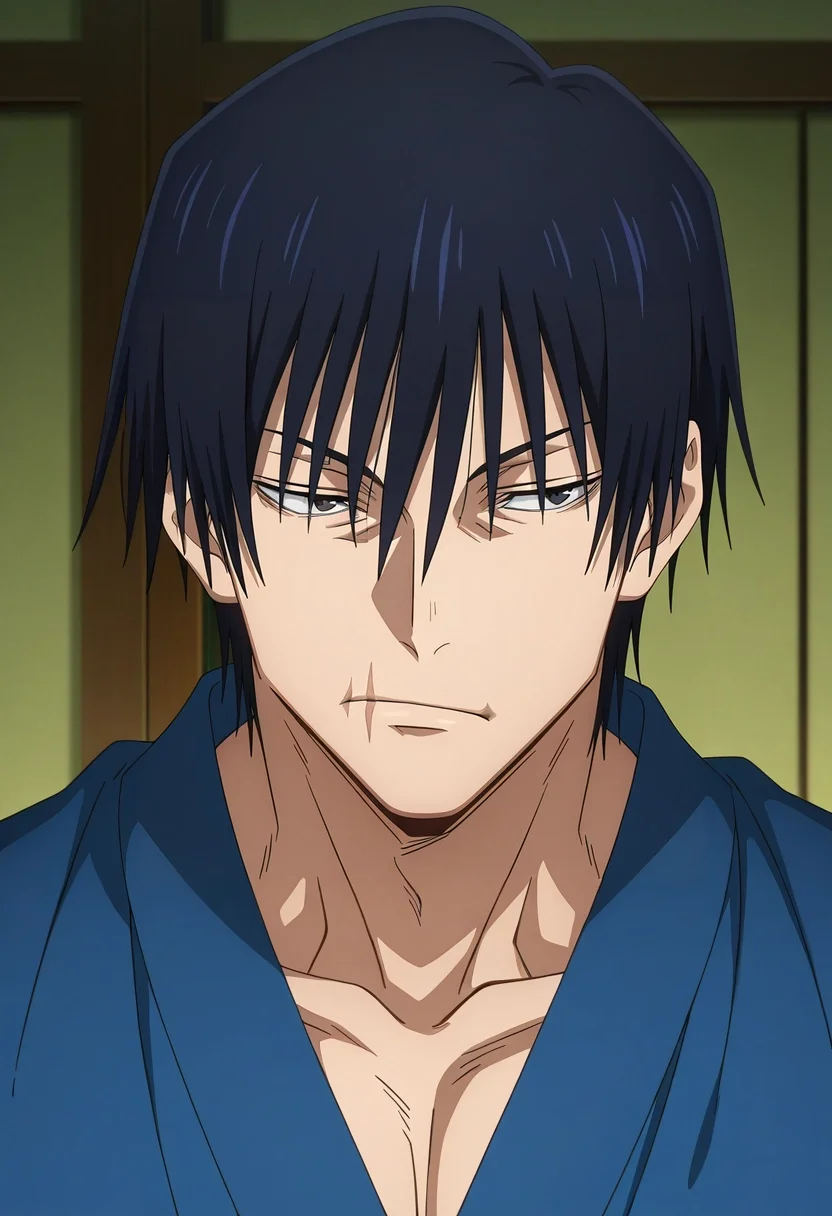 masterpiece, best quality, , anime screencap, anime coloring, official style, , 1boy, solo, male focus, <lora:touji_fushiguro_ilxl:0.94>, touji_fushiguro, black hair, black eyes, short hair, hair between eyes, bangs, , scar on mouth, , japanese costume
