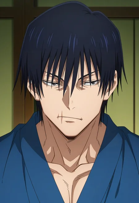 masterpiece, best quality, , anime screencap, anime coloring, official style, , 1boy, solo, male focus, <lora:touji_fushiguro_ilxl:0.94>, touji_fushiguro, black hair, black eyes, short hair, hair between eyes, bangs, , scar on mouth, , japanese costume